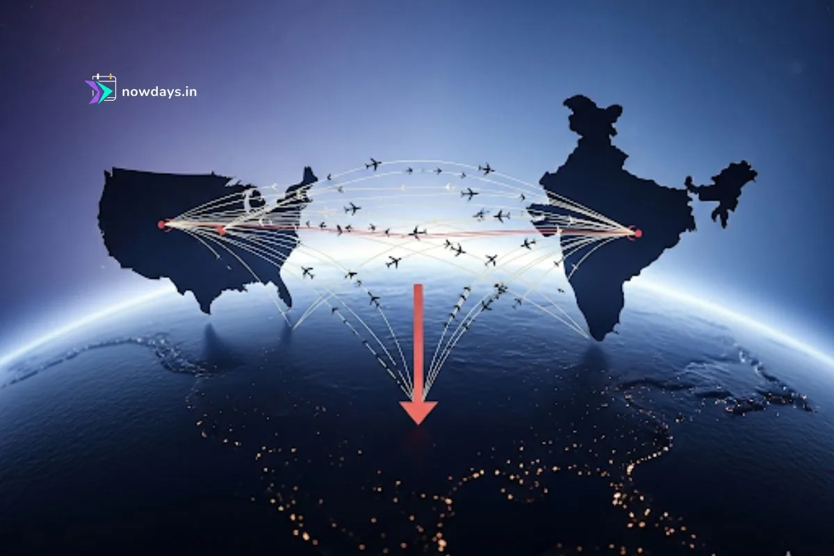 The image shows a conceptual representation of a decrease in travel between India and the United States. It features stylized silhouettes of the two countries on a globe, with fewer and fading flight paths between them. A large red downward arrow is shown in the foreground to emphasize the decline.